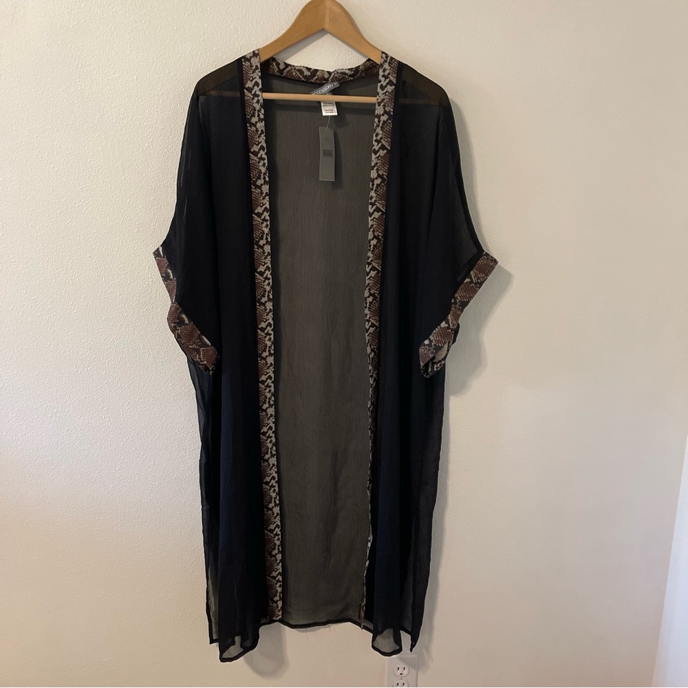 Accessory St Black Snake Print Trim Sheer Chiffon Kimono Robe Beach Cover NWT-OS